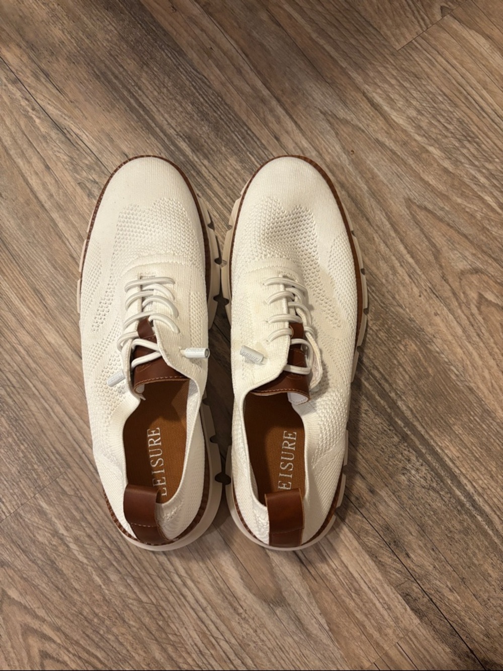 Casual Knit Lace-Up Sneakers in Cream with Brown Accents